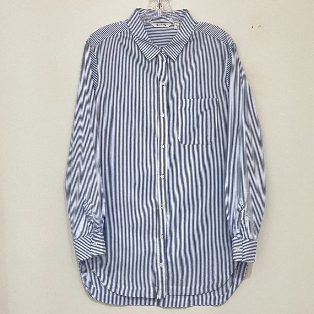 Athleta Weekender Button Down Shirt Blue White Striped Tunic Top long sleeves